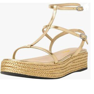 FSJ Gold Espadrille Wedge Heel Low Platform Open Toe Gladiator Strappy Sandals